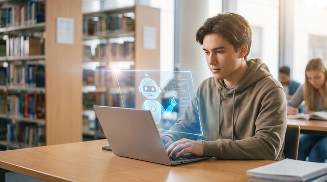 Student Interacting with Futuristic AI Hologram Chatbot Tutor While Studying on Laptop