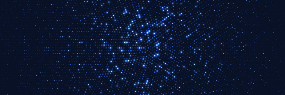 Blue technology background with glowing particles. Circular dots and sparkling light effects. Futuristic digital design for business, presentation, advertising or AI project. Vector Illustration.