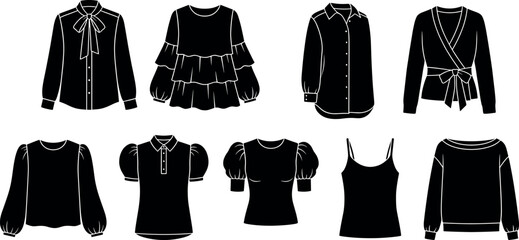 Naklejka premium Women fashion apparel silhouette icons bundle featuring elegant blouses long sleeve shirts casual tops and camisole vector design