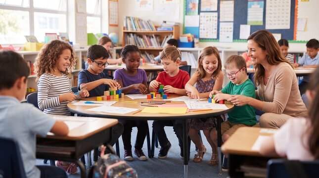 Happy Diverse Schoolchildren and Teacher Collaborating on Group Project in Classroom