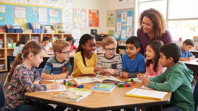 Happy Diverse Schoolchildren and Teacher Collaborating on Group Project in Classroom