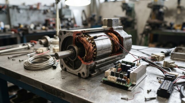 Industrial motor cutaway with copper windings, inverter module, thermal sensor, and servo drive components on a steel bench