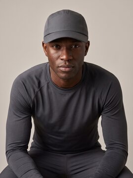 Portrait of a serious Black man in gray athletic wear and running cap against a neutral background