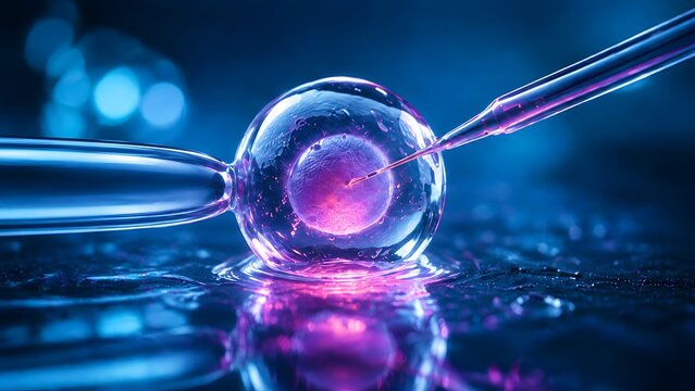 Microscopic 3D view of intracytoplasmic sperm injection ICSI into a glowing human egg cell during IVF treatment