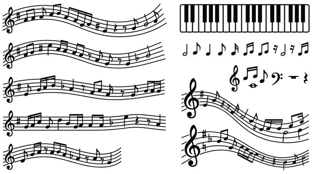 Music notes and keyboard collection for creative graphic design projects set.