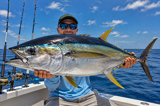 Fisherman holding a huge yellowfin tuna catch on a boat during a deep sea sport fishing trip under a blue sky