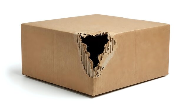 Damaged cardboard shipping box with torn hole in top surface