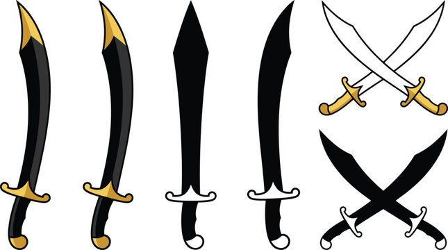 Curved Sword and Saber Icon Set Black and Gold Vector Collection