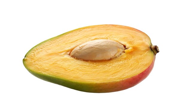 Fresh ripe mango half with a large seed inside isolated on white background