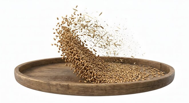 3D Render of Winnowing Wheat Grain and Chaff Separation in Wooden Tray