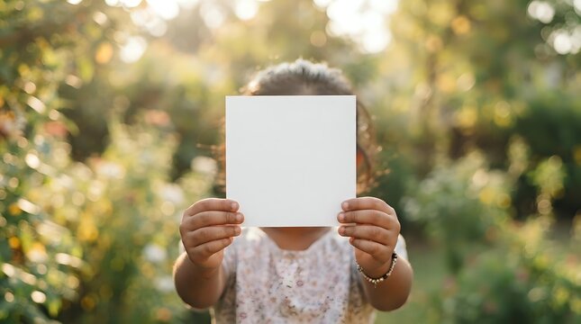 Child holding blank white card covering face outdoors in sunlight