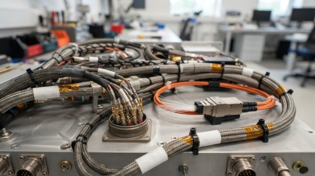 Aerospace cabling with fire-resistant insulation, crimp terminals, fiber optic strands, shielded wire bundles, and matte aluminum chassis