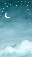 Naklejka premium Starry night with crescent moon and fluffy clouds