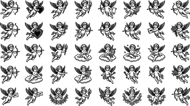Vintage cupid angel silhouette vector mega set featuring romantic cherubs with bow arrow and heart elements