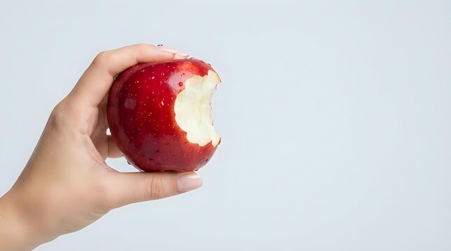 Caucasian hand holding red apple with a bite mark