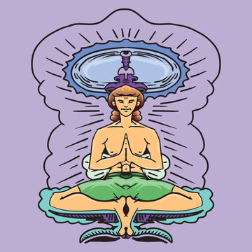 Meditation. young man siting and meditation pose, vector hand draw illustration