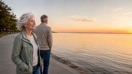 Fototapeta premium Senior Couple Walking Along Coastal Promenade at Sunset