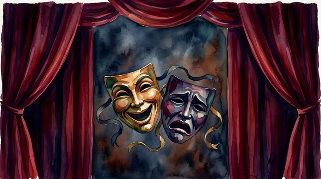 Watercolor painting of comedy and tragedy theater masks