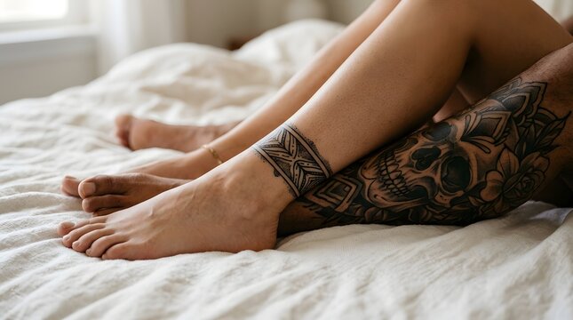 Couple Tattooed Legs Resting on White Cotton Bed Sheets Close Up