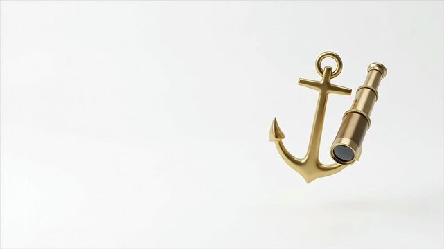 3D animated motion graphic of nautical discovery showing golden anchor and telescope against pure white background