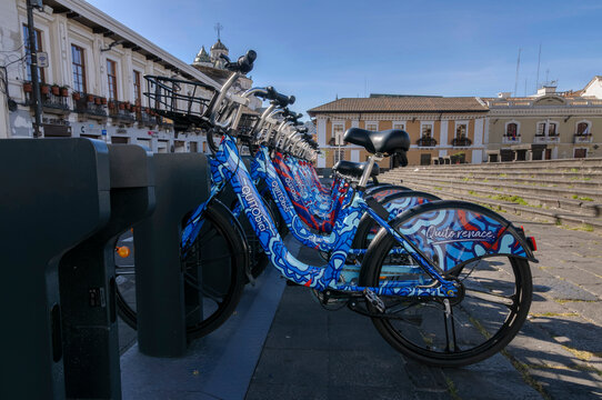 Quitobici public bicycles in Quito's Plaza de San Francisco in the morning