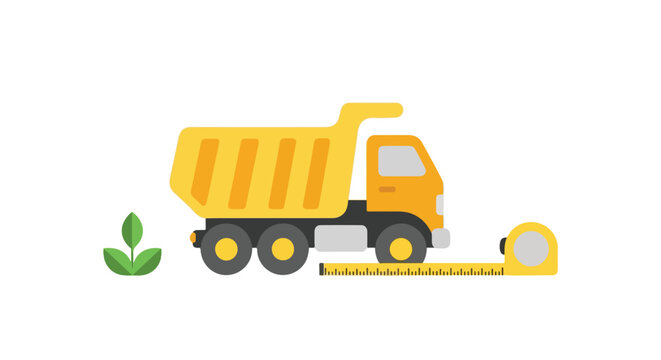 A yellow dump truck sits above a yellow measuring tape with a small green plant to its left, all set against a clean white background.