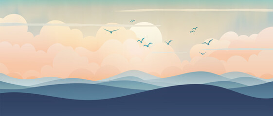 Fototapeta premium Sunrise landscape, sun in the clouds and hills, minimalistic landscape, vector illustration
