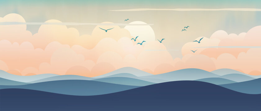 Sunrise landscape, sun in the clouds and hills, minimalistic landscape, vector illustration