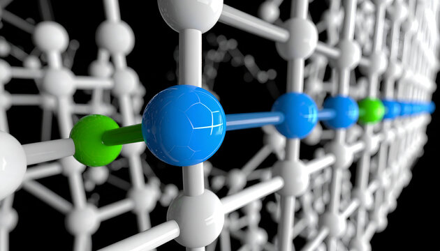 Close-up view of a complex molecular structure with spheres connected by rods, showcasing various colors on a black background