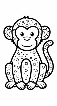 Cute cartoon monkey coloring page with geometric pattern design.