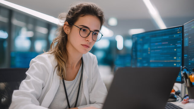Young female medical coder working on computer in a modern hospital