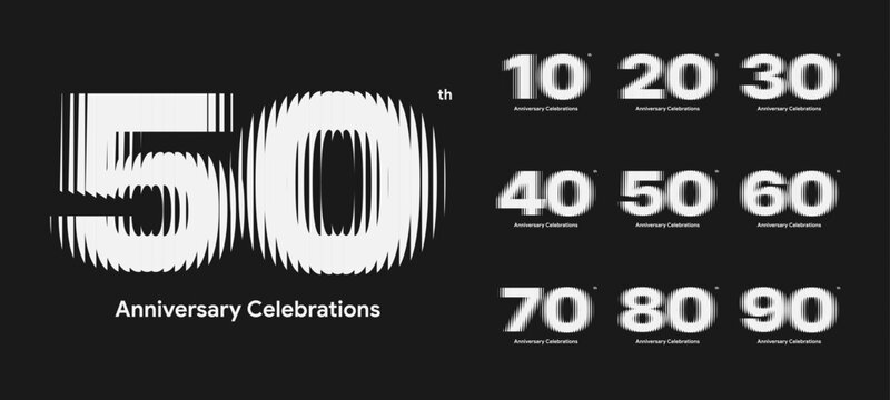 Anniversary celebration set with a fluted glass visual effect. Symbols of celebration 10, 20, 30, 40, 50, 60, 70, 80, 90 years. 