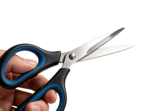Open scissors held in hand with scissors stationery equipment as isolated on transparent background