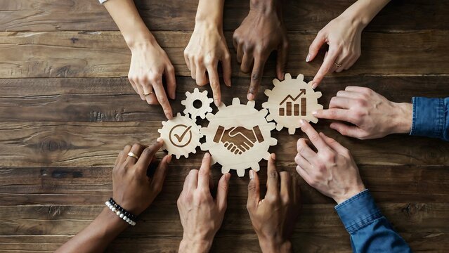 Diverse hands assembling wooden business strategy gears on table