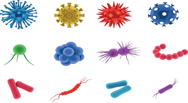 Microscopic virus and bacteria vector cell icon set featuring colorful microbiology pathogens disease germs isolated on white background