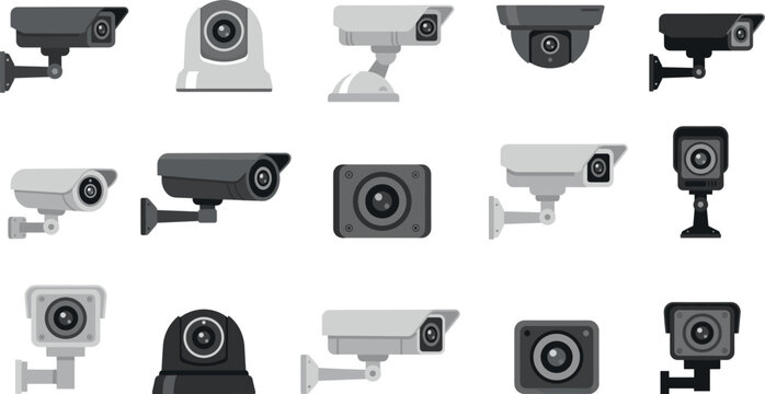 Security surveillance CCTV camera vector icon set featuring outdoor bullet cameras dome cameras and home security monitoring systems