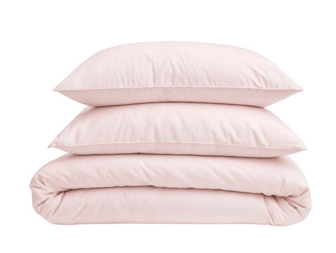 Stack of pink pillows and folded duvet as isolated on transparent background