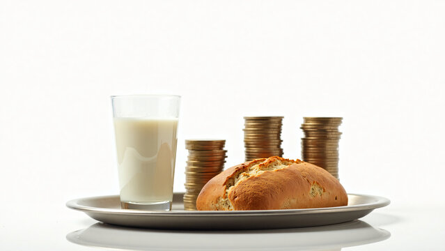Bread and Milk with Coin Stack for Food Marketing