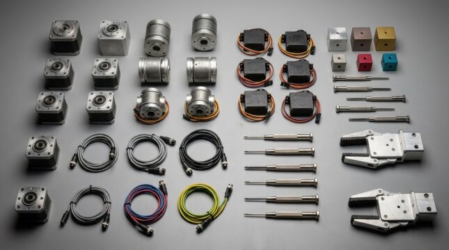 Robot joint modules, servo actuators, sensor cables, precision tools, calibration cubes, and gripper fingers in a clean robotics engineering layout.