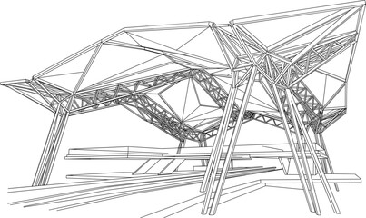 Fototapeta premium Futuristic architectural pavilion wireframe with geometric truss roof structure design concept