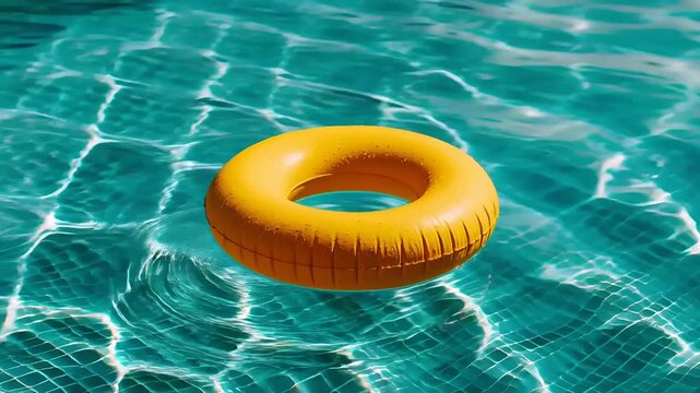 Summer hot vibe lifestyle. A vivid, closeup shot of a swimming pool. A bright yellow inflatable ring floats in the clear, turquoise water.