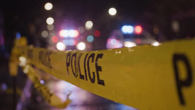Police Tape at Night Crime Scene with Blurry Car Lights and Rain