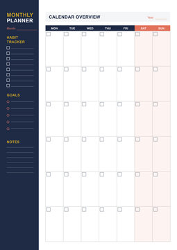 Colorful undated monthly planner template page with daily grid and notes section (A4 format) - design for printable planners, office stationery, and digital journal pages. PNG version.