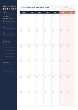 Colorful undated monthly planner template page with daily grid and notes section (A4 format) - design for printable planners, office stationery, and digital journal pages. SVG version.