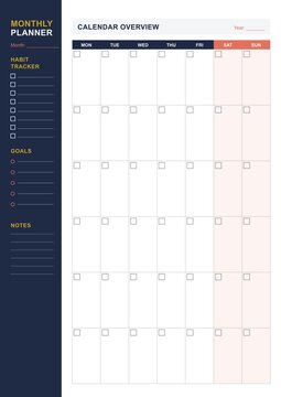 Colorful undated monthly planner template page with daily grid and notes section (A4 format) - design for printable planners, office stationery, and digital journal pages. JPEG version.