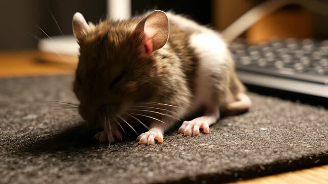 Cute little pet mouse grooming itself on a mousepad near a computer keyboard in a warm cozy room