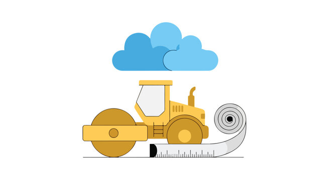 Yellow road roller machine under a blue cloud with a measuring tape rolling out on the ground in a clean vector illustration style.