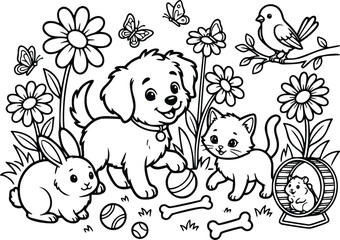 Fototapeta premium Cute baby animals coloring page for kids, cartoon puppy and kitten in garden, black and white outline vector illustration of pets and flowers