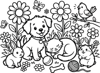 Fototapeta premium Animal coloring page for children, cute puppy kitten and rabbit in garden line art, black and white vector illustration of domestic pets