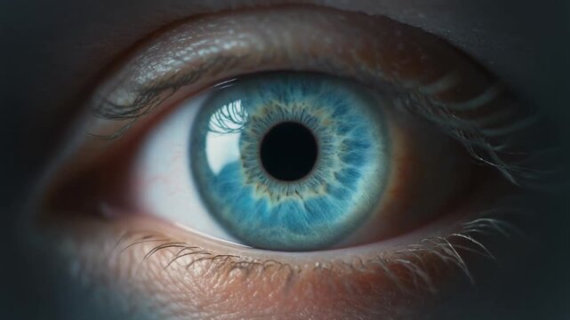 Extreme macro footage of a single beautiful healthy human eye with a luminous aquamarine iris for national eye exam month